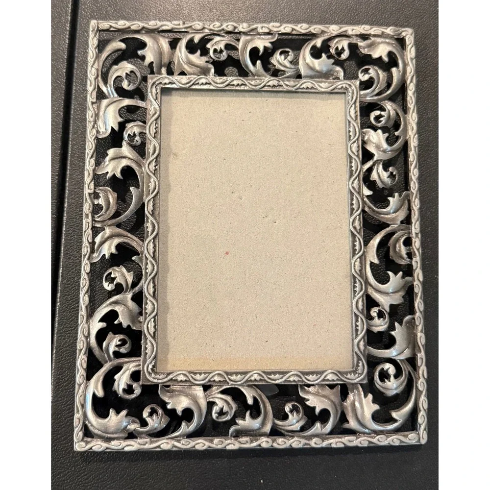 Russ Berrie 3.5x5 Picture Frame Silver Pewter Ornate Scroll Free Standing